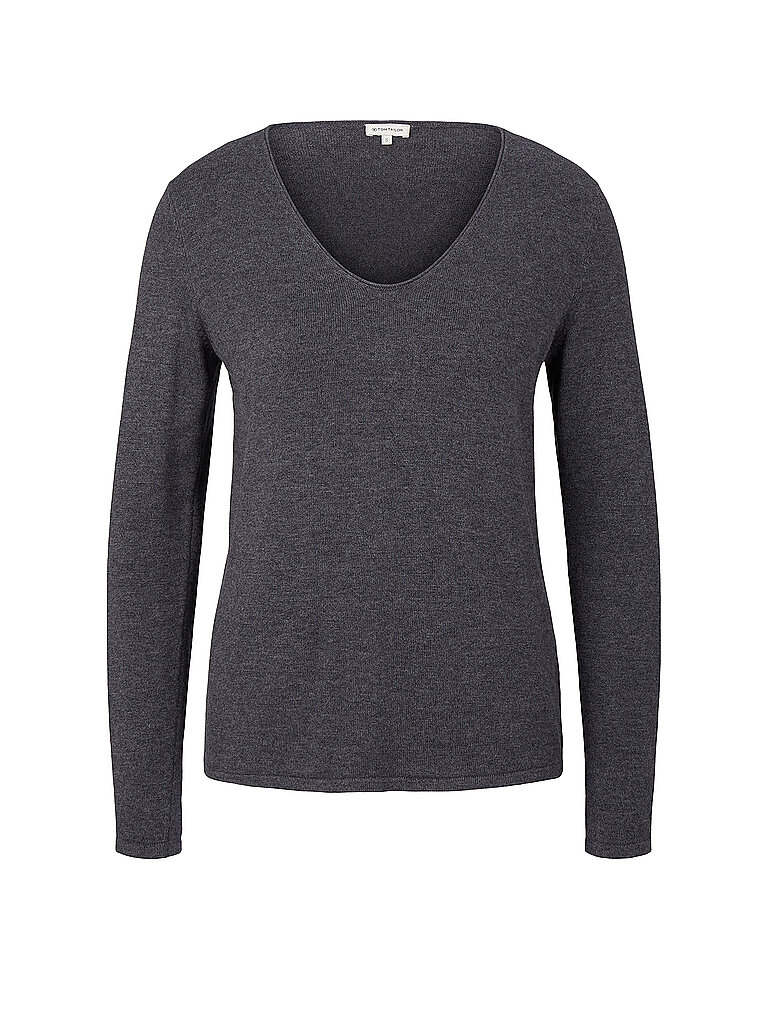 Tom Tailor Pull à Col En V Front Logo Coin Evident Anthracite Melange XL Femme